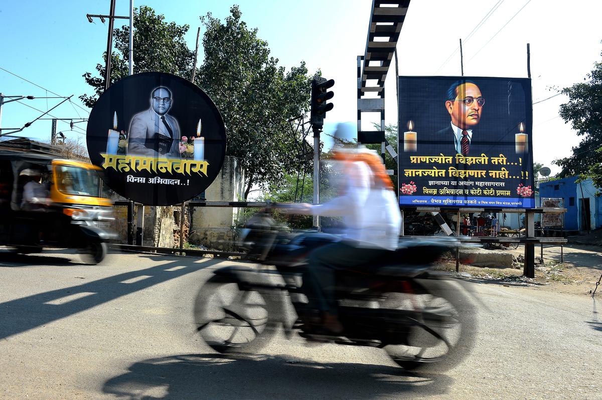 A hoarding seen to pay tribute to Dr. B.R. Ambedkar on his death anniversary (6th December) at Bhim Nagar, Parbhani.