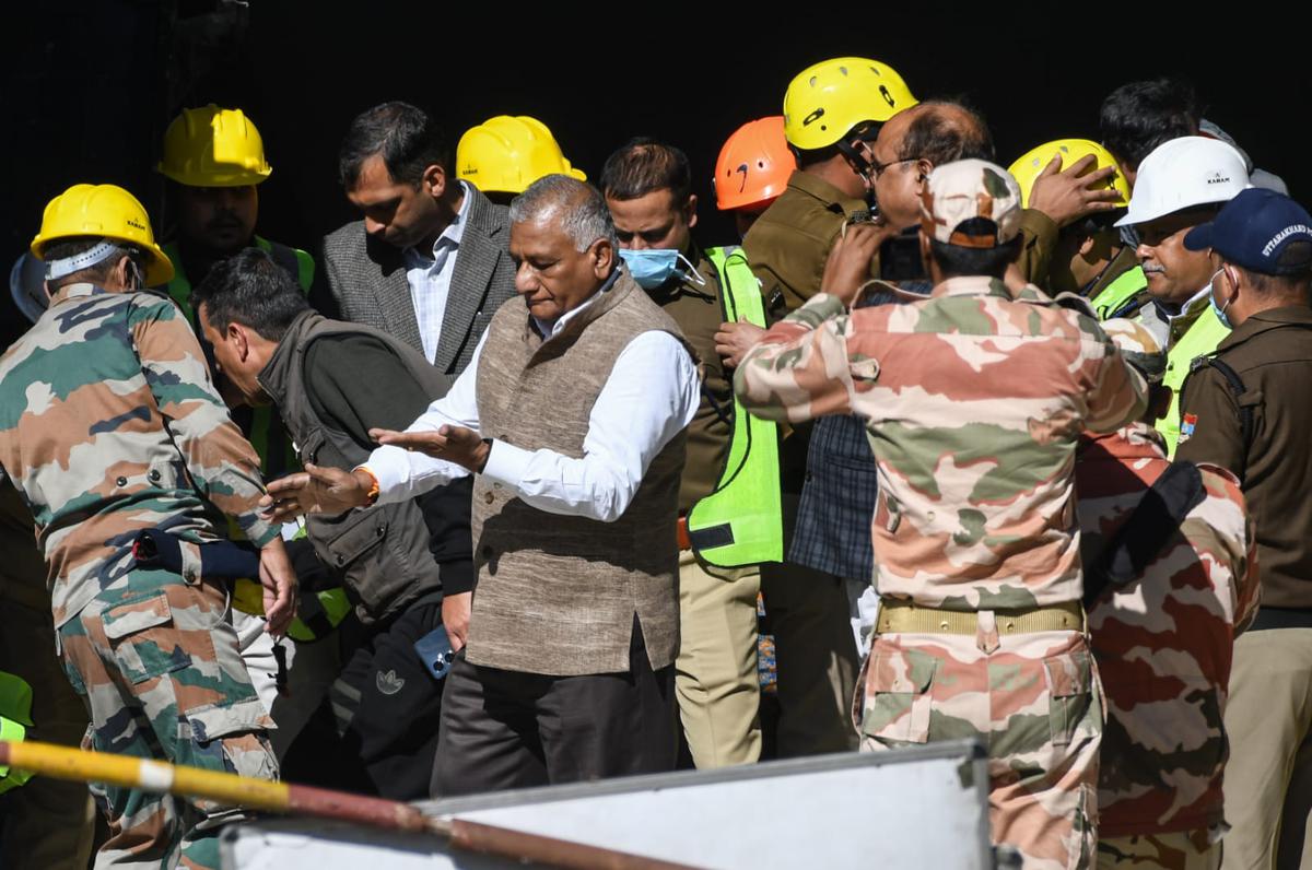 Union Minister V. K. Singh reviews rescue operation at Uttarkashi Tunnel collapse in Uttarkashi district on November 16, 2023.