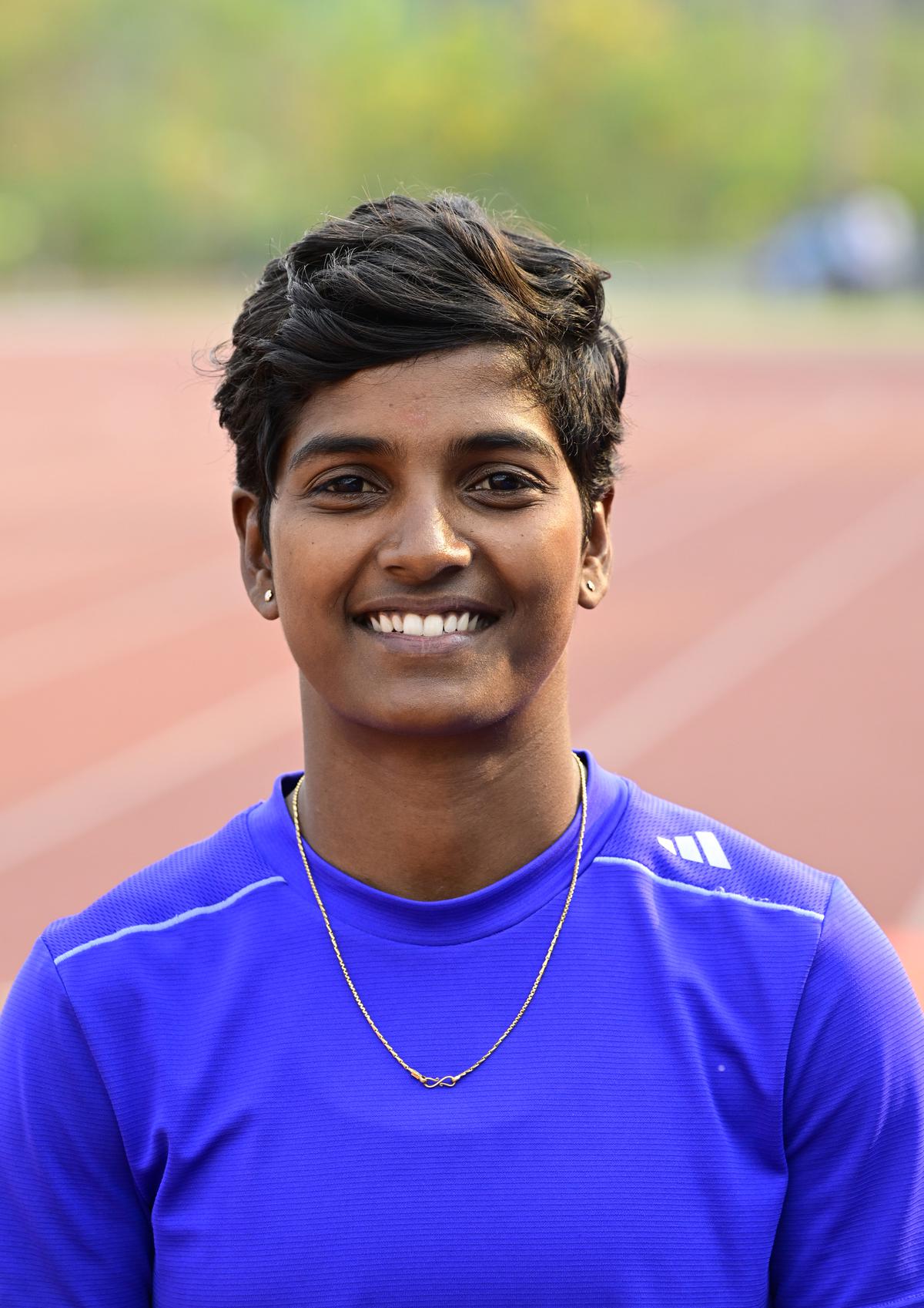 Pole vaulter Pavithra Venkatesh of Tamil Nadu after her winning jump during the 3rd Indian Open Jumps Competition 2024, the at Anju Bobby High Performance Centre, in Bengaluru on March 20, 2024.