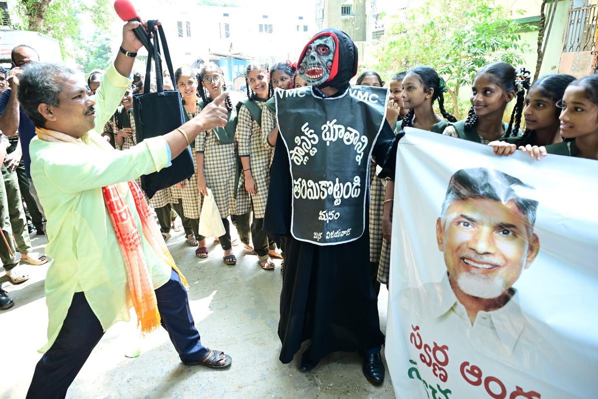 Students take part in an awareness campaign on the ill effects of plastic, during “Swachh Andhra–Swarna Andhra” programme in Vijayawada on Saturday.
