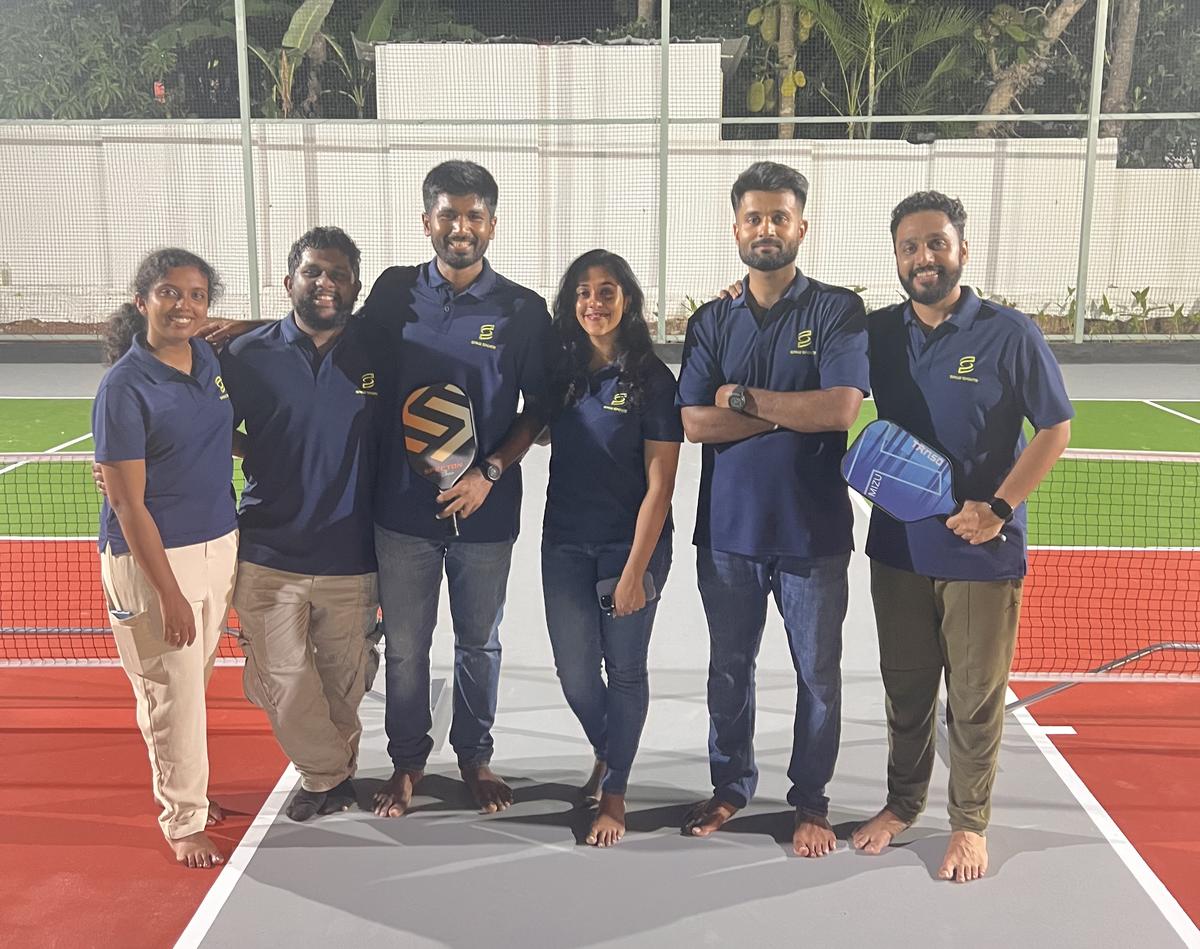 Ownes of Spinz Pickleball, Lawrence Moraira, Sharath Mathew, Yadu Manoj, Ajay Thomas, with Jancy Sebastian, and Linu Merin, Partners of Lawrence and Sharath, Respatively. Ownes of Spinz Pickleball, Lawrence Moraira, Sharath Mathew, Yadu Manoj, Ajay Thomas, with Jancy Sebastian, and Linu Merin, Partners of Lawrence and Sharath, Respatively.