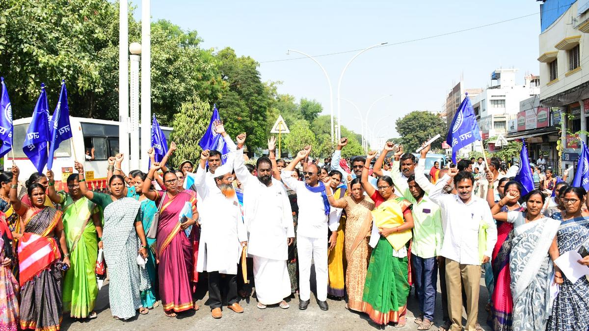 Akshara Dasoha workers stage protest seeking equal wages for equal work