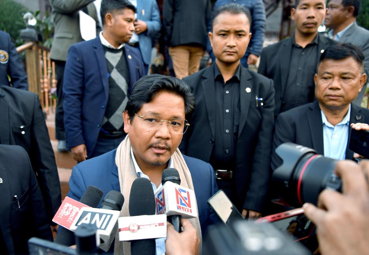 National People’s Party (NPP) chief Conrad K Sangma addresses the press on NPP legislator, Timothy D. Shira’s swearing-in ceremony as Protem Speaker of Meghalaya Assembly. National People’s Party (NPP) chief Conrad K Sangma addresses the press on NPP legislator, Timothy D. Shira’s swearing-in ceremony as Protem Speaker of Meghalaya Assembly.