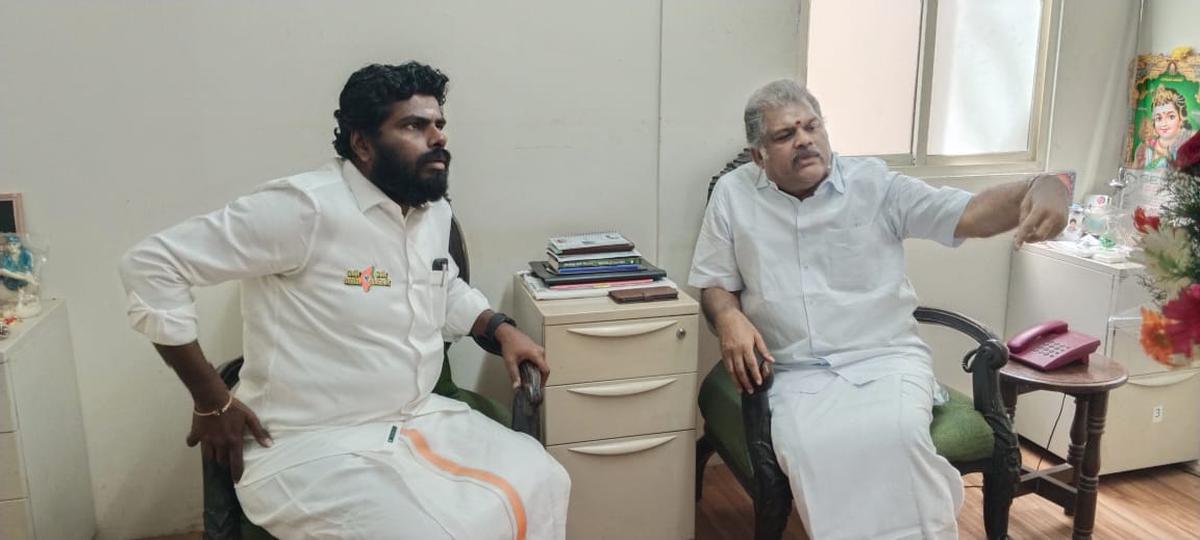 BJP T.N. president K. Annamalai seen with TMC (Moopanar) president G.K. Vasan in Chennai on Monday, February 26, 2024. The TMC has decided to join the BJP-led NDA alliance for the upcoming LS polls BJP T.N. president K. Annamalai seen with TMC (Moopanar) president G.K. Vasan in Chennai on Monday, February 26, 2024. The TMC has decided to join the BJP-led NDA alliance for the upcoming LS polls
