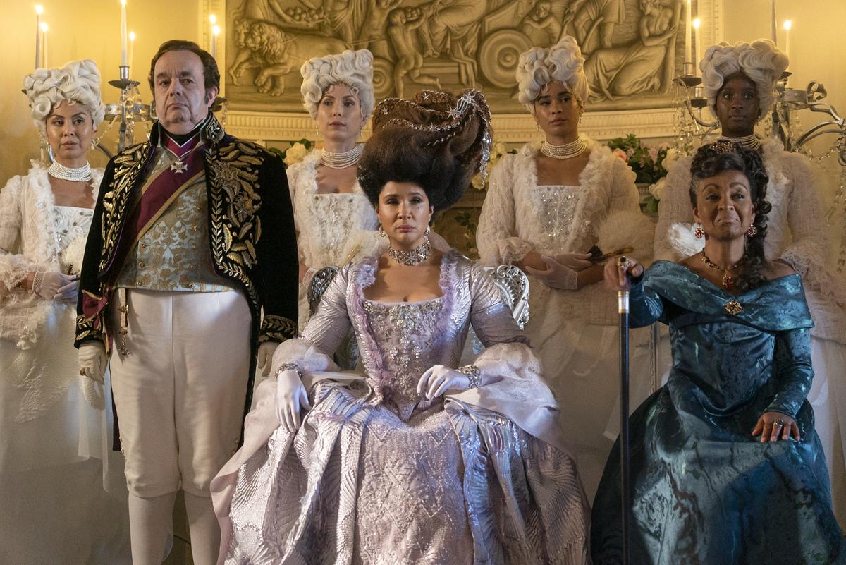 Hugh Sachs as Brimsley, Golda Rosheuvel as Queen Charlotte, Adjoa Andoh as Lady Agatha Danbury in ‘Bridgerton’
