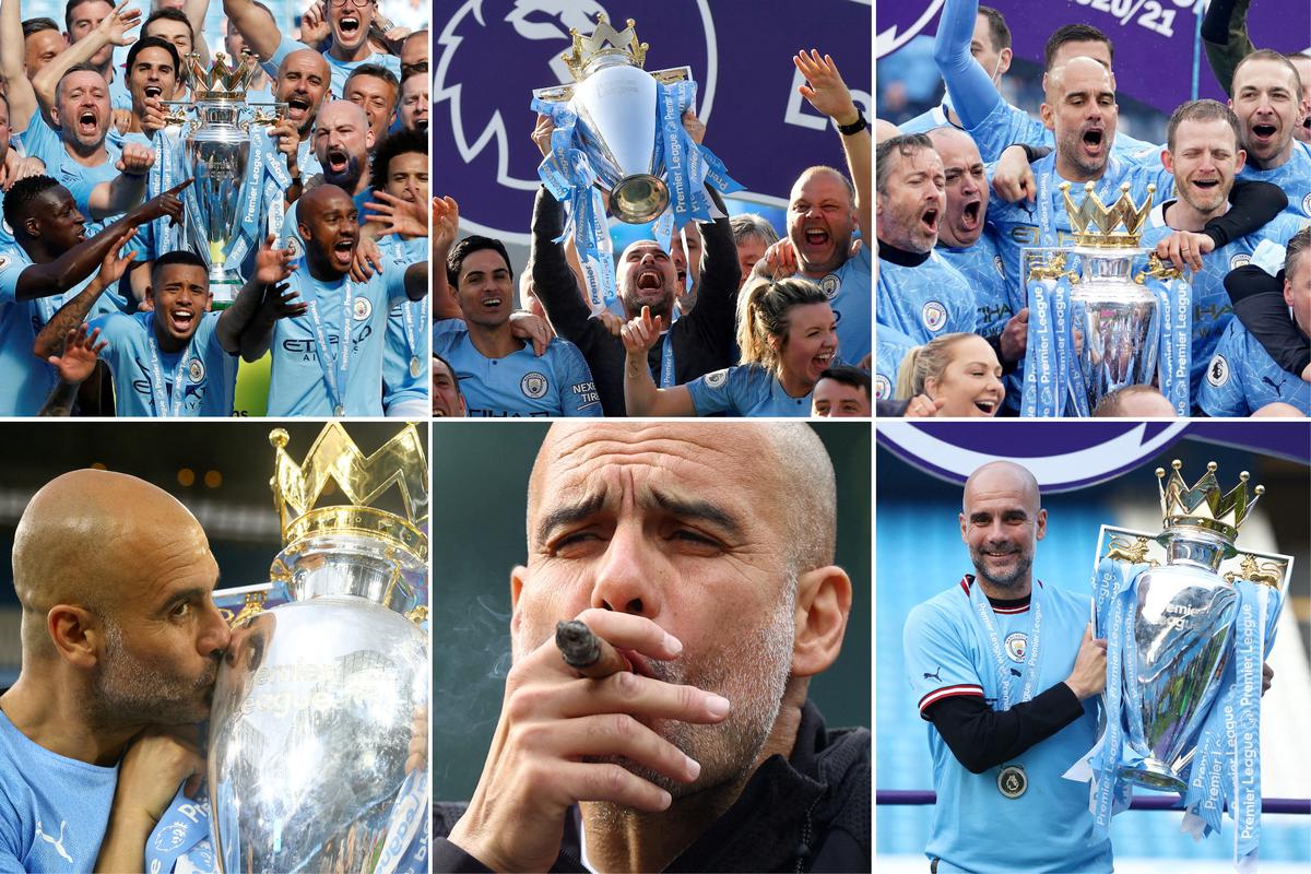A combination picture shows Manchester City manager Pep Guardiola celebrating with the Premier League trophy for each time he has won England’s top flight domestic league. 