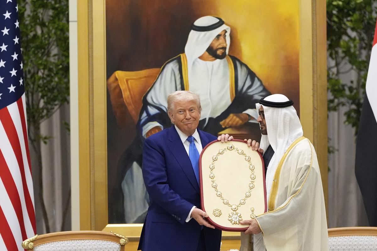 U.S. President Donald Trump is presented the Order of Zayed, the UAE highest civilian distinction, from UAE President Mohammed bin Zayed Al Nahyan at Qasr Al Watan on May 15, 2025, in Abu Dhabi, United Arab Emirates. U.S. President Donald Trump is presented the Order of Zayed, the UAE highest civilian distinction, from UAE President Mohammed bin Zayed Al Nahyan at Qasr Al Watan on May 15, 2025, in Abu Dhabi, United Arab Emirates.