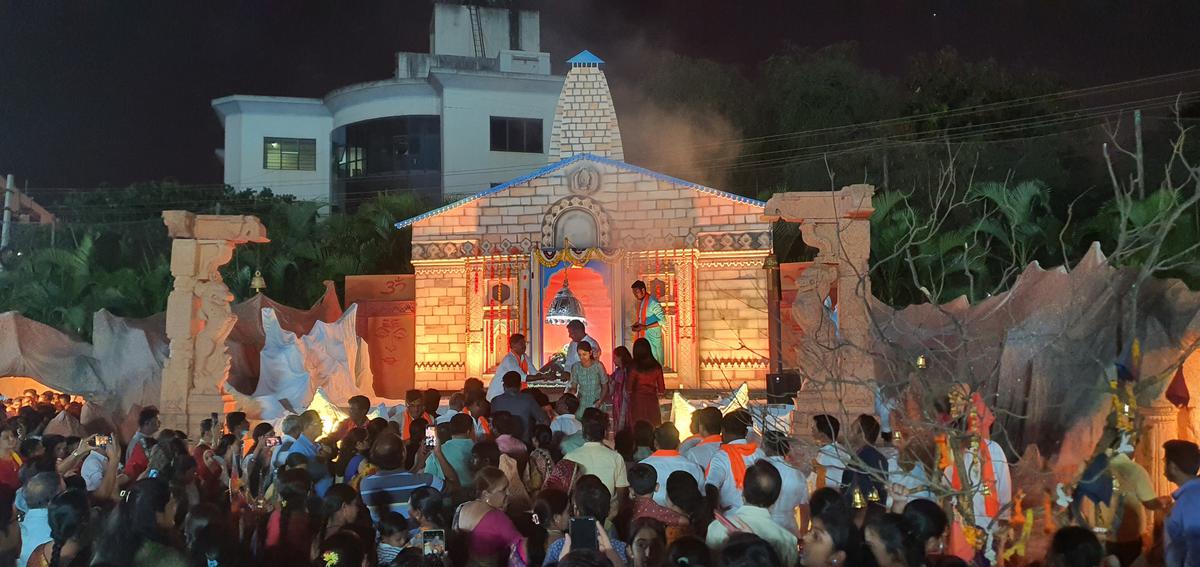 Large number of people visited the prototype of Kedarnath Temple to offer puja as part of Maha Sivaratri celebrations in Hubballi on Saturday.