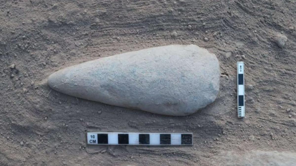 Archaeological excavations unearth another Neolithic age celt in Dharmapuri district’s Poothinatham