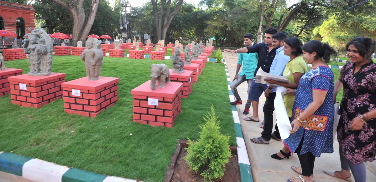 Idols  excavated from different parts of Karnataka being displayed behind the Government Museum on Kasturba Road in Bengaluru.