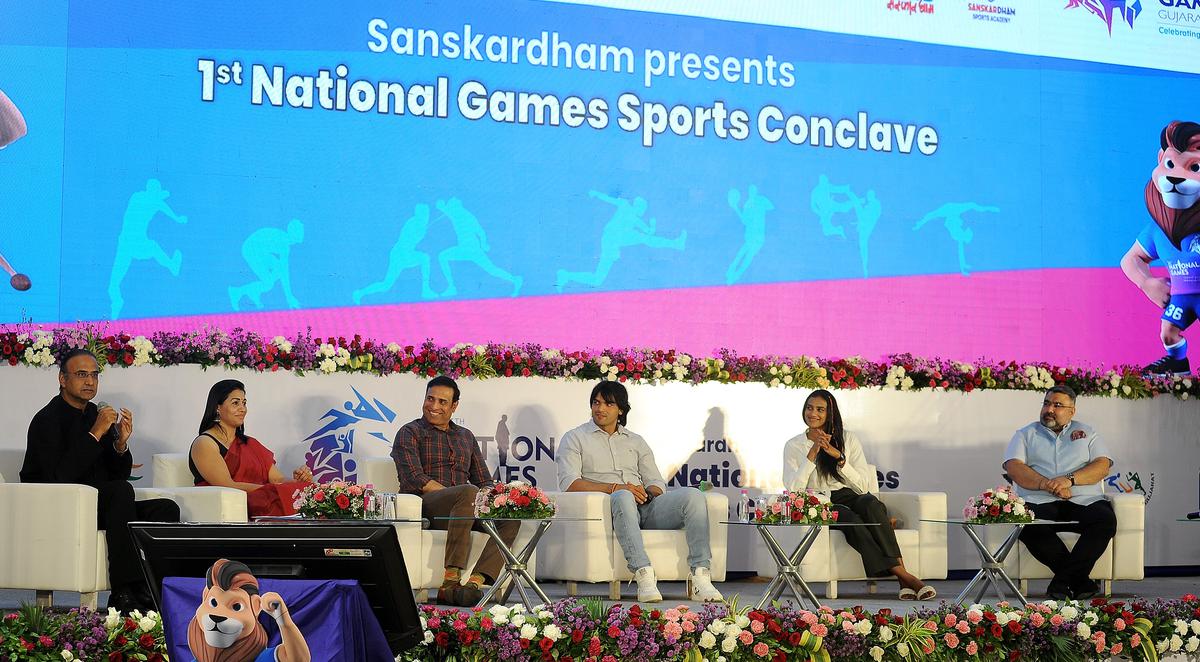 Charu Sharma, Anju Bobby George, VVS Laxman, Neeraj Chopra, PV Sindhu and Gagan Narang during 1st National Games Sports Conclave at Sanskardham, Ahmedabad, on Wednesday, September 28, 2022. 