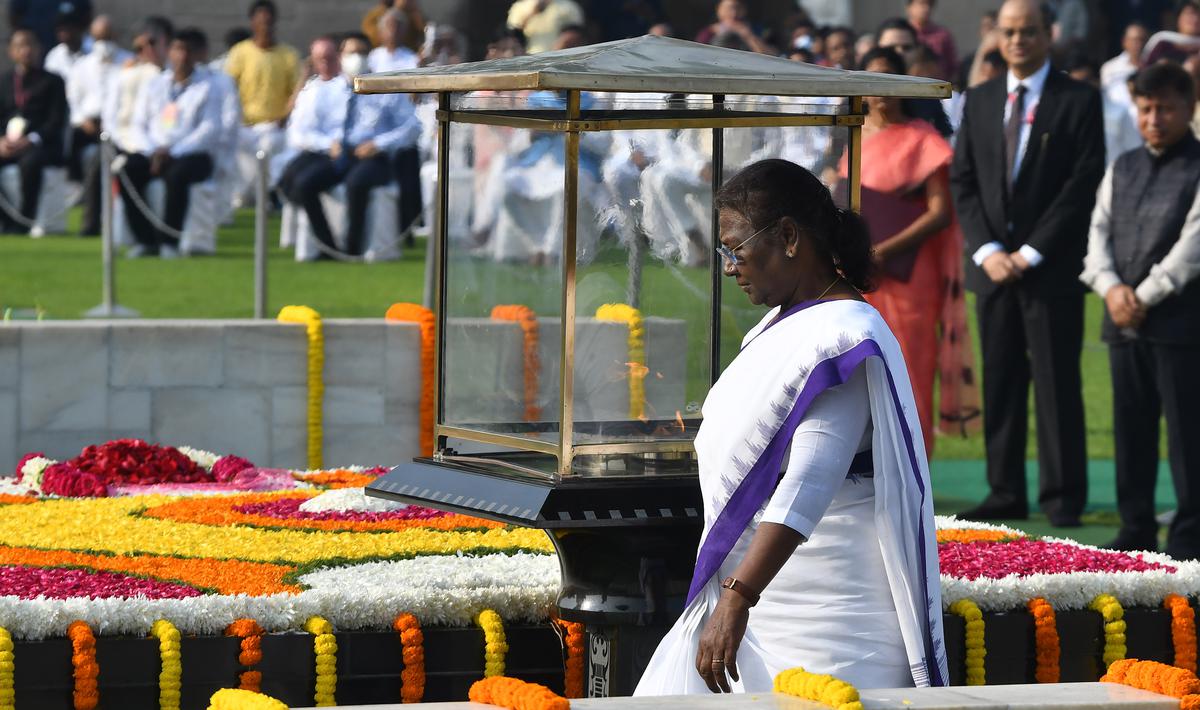 President of India Droupadi Murmu pays tribute to father of nation Mahatma Gandhi on the occasion of his 153rd birthday anniversary at Raj Ghat in New Delhi. 