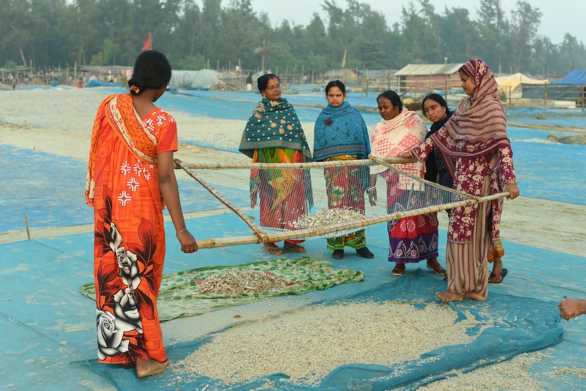 Fishermen at a beach near Sagar Island during the Gangasagar Mela. 