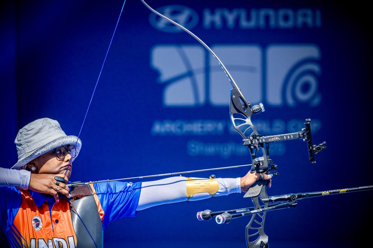 Deepika Kumari of India during the women’s recurve finals in the Archery World Cup 2025 Stage 2 on MAY 11, 2025 in Shanghai, China. Deepika Kumari of India during the women’s recurve finals in the Archery World Cup 2025 Stage 2 on MAY 11, 2025 in Shanghai, China.
