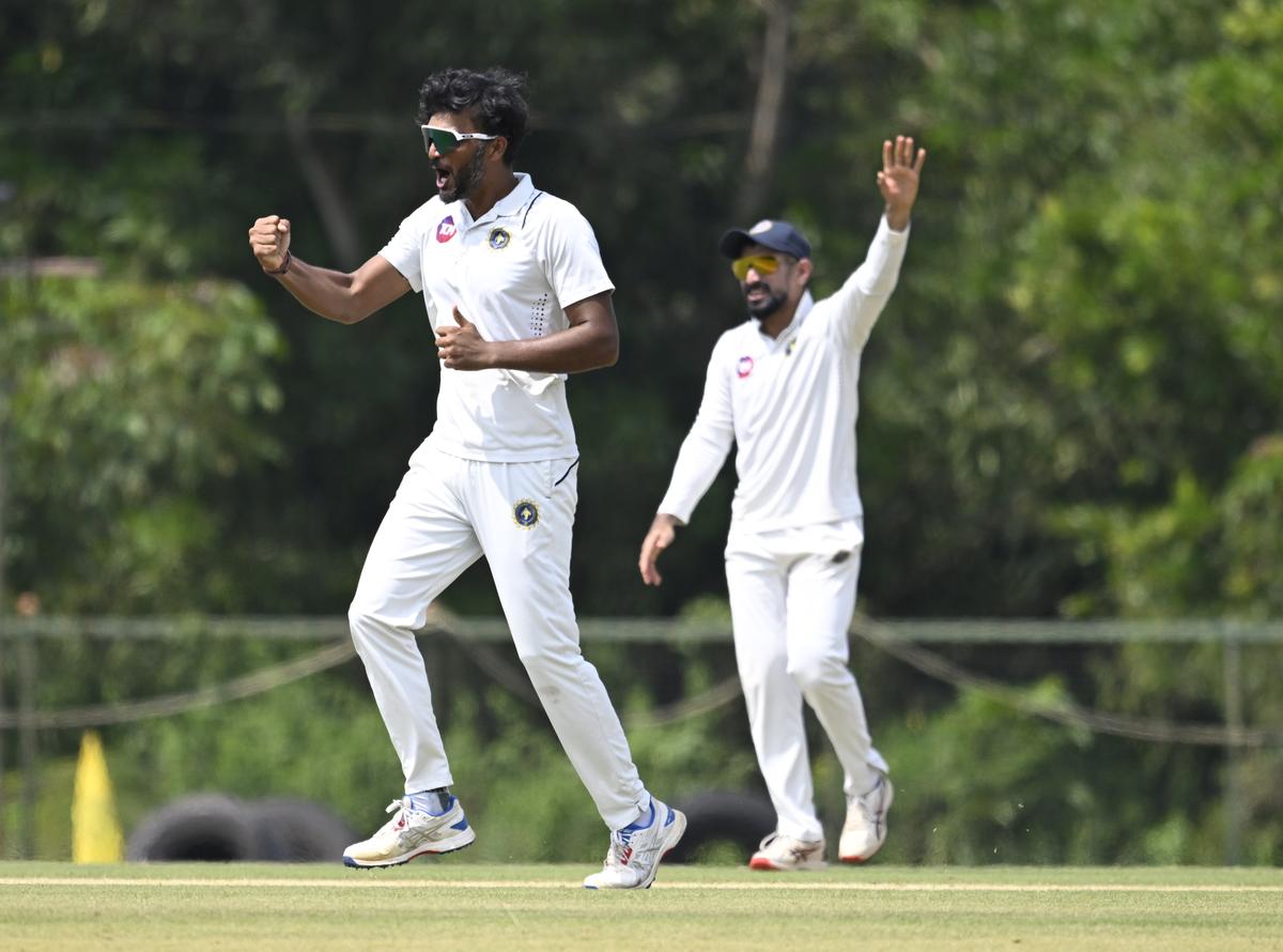 Jalaj Saxena celebrates taking a wicket during the Ranji Trophy cricket match between Kerala and Uttar Pradesh at the St. Xavier’s KCA cricket ground in Thiruvananthapuram on Wednesday, November 6, 2024.