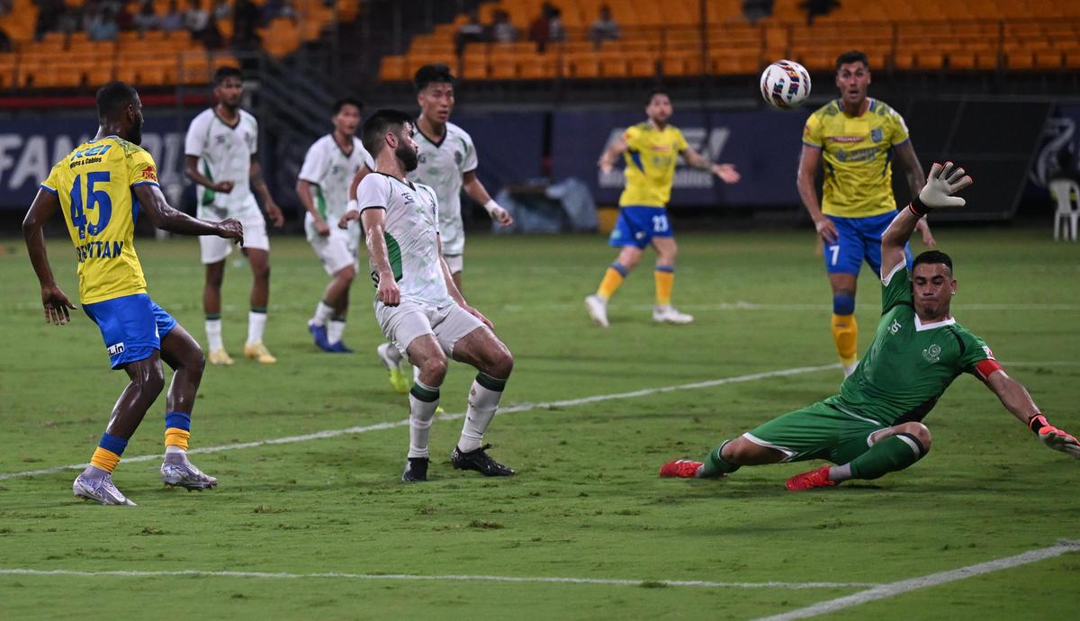 Sreekuttan scores Kerala Blasters’ third goal against Mohammedan Sporting Club during their ISL football match in Kochi on Sunday, May 10, 2026.