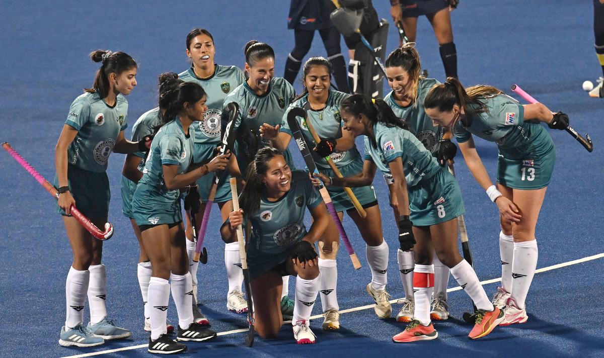 Ranchi Royals players celebrate after scoring the fourth goal against SG Pipers during their Hockey India League (Women) match in Ranchi, Jharkhand on Thursday, January 08, 2025. Ranchi Royals players celebrate after scoring the fourth goal against SG Pipers during their Hockey India League (Women) match in Ranchi, Jharkhand on Thursday, January 08, 2025.