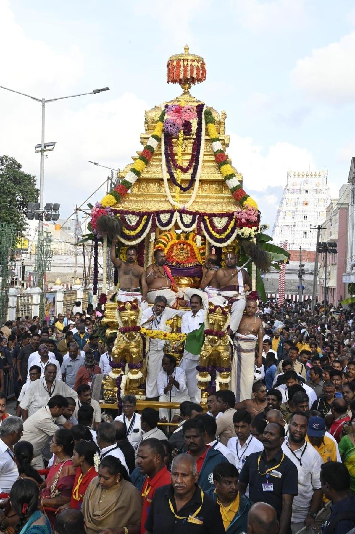 The idol of Godess Sri Padmavati being taken on Swarna Ratham (Golden Chariot) in a procession around Tiruchanur temple near Tirupati on Saturday. 