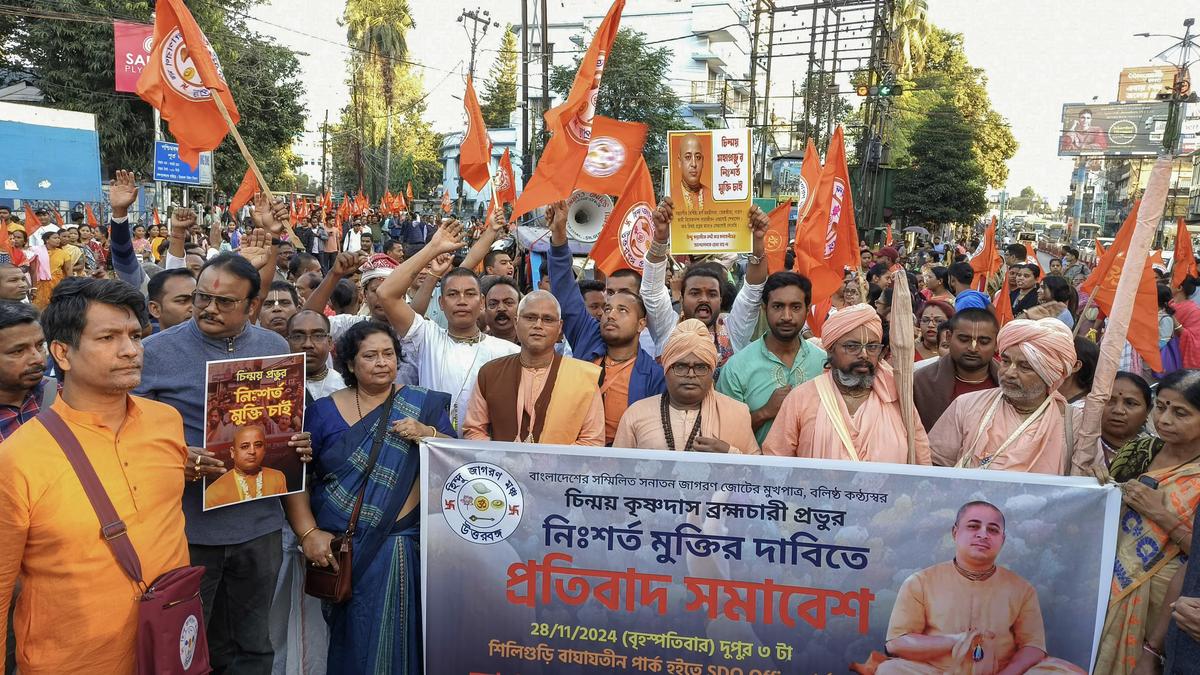 Protesters rally against Bangladesh’s arrest of Hindu monks at border checkpost in West Bengal