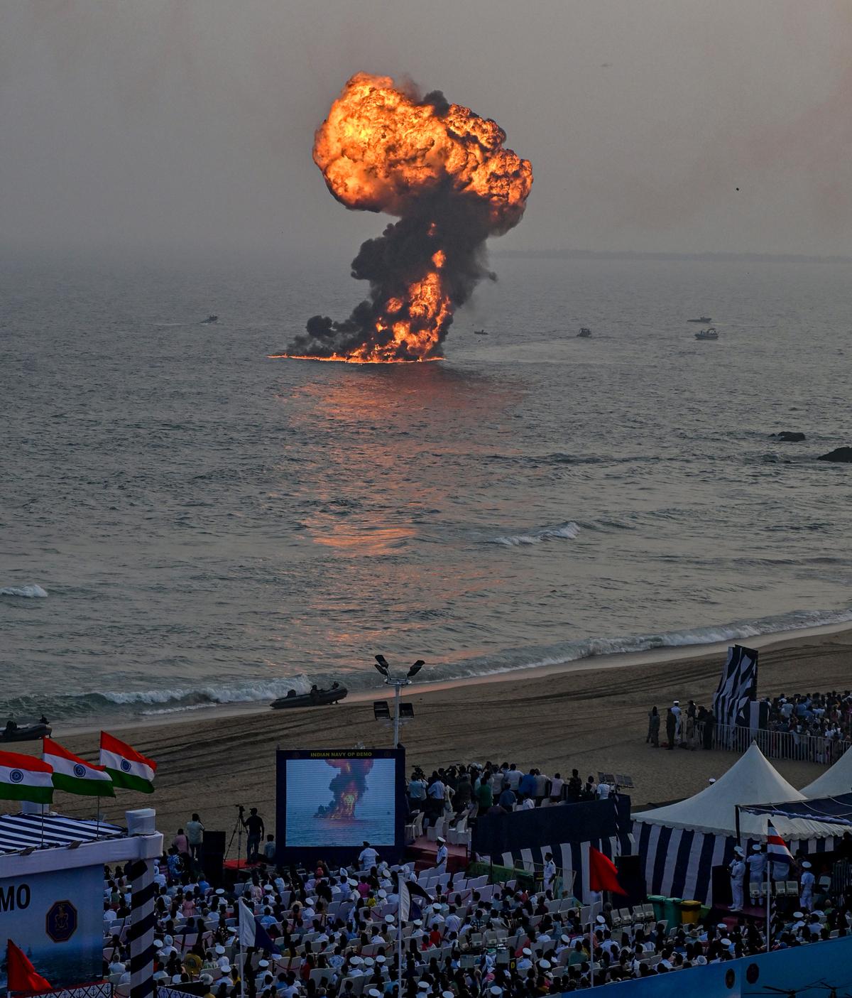 A simulated blast is seen off the city’s coast during a demonstration of a beach assault by Marine Commandos during the final rehearsal of ENC’s Operational Demo in Visakhapatnam on Thursday.