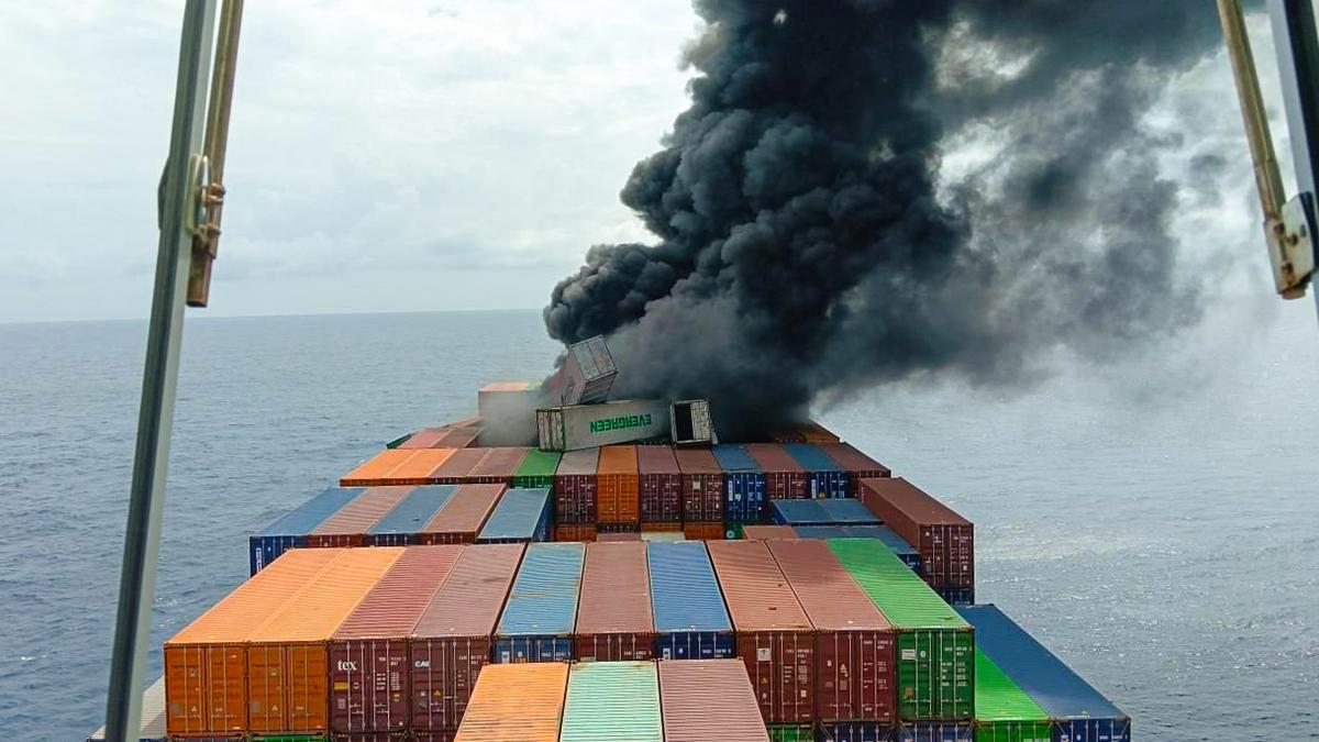 Burning cargo vessel has flammable solids, liquids