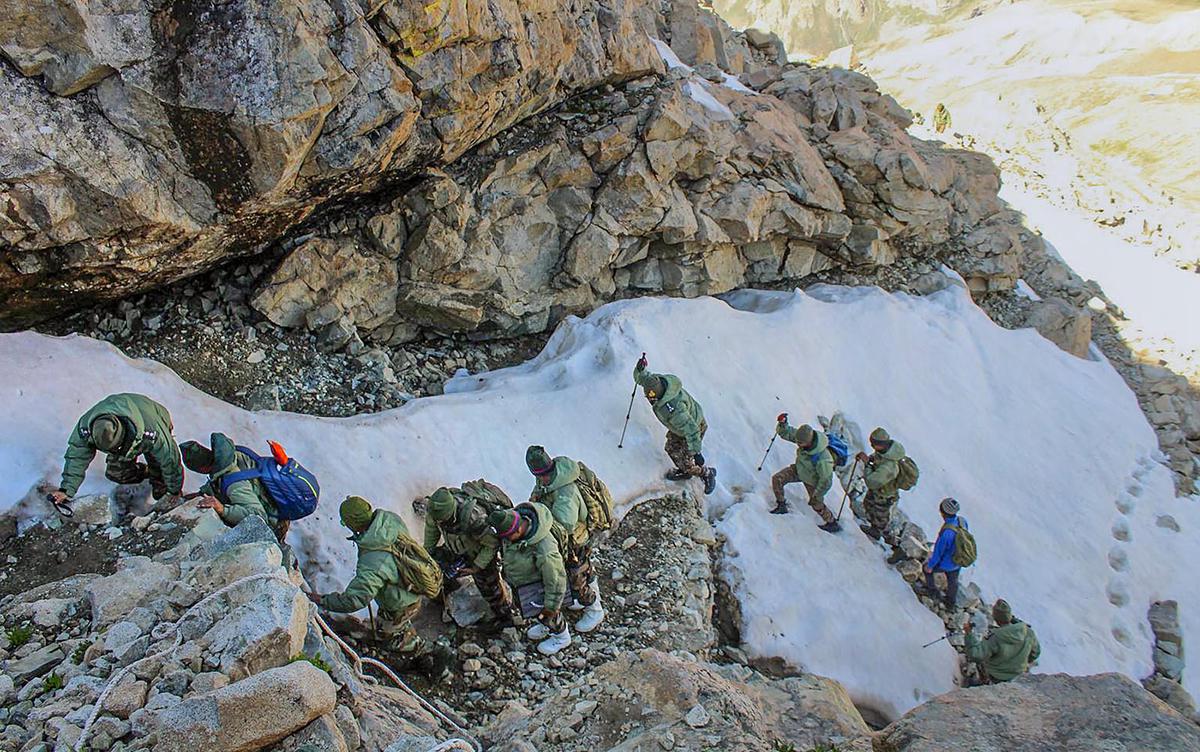 A team of Indian Army Gunners during its expedition to mark the first anniversary of the rechristening of Pt 5140 as Gun Hill in Drass. The arduous climb up by the team brought back memories of Kargil War and the sacrifice of our brave soldiers.