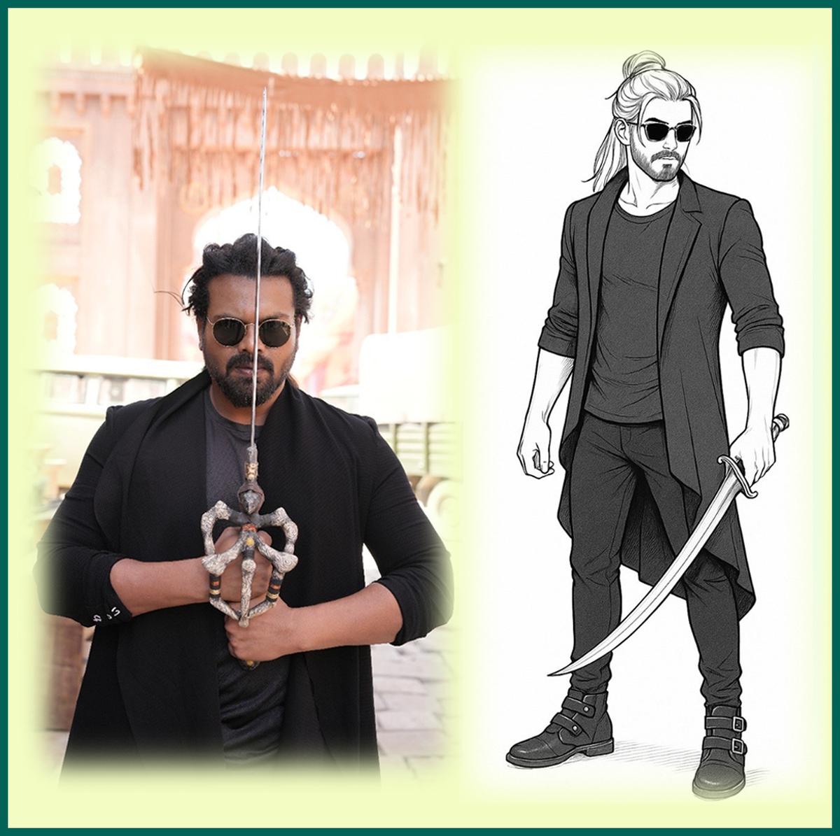 Manchu Manoj as the Black Sword; a sketch of his ensemble