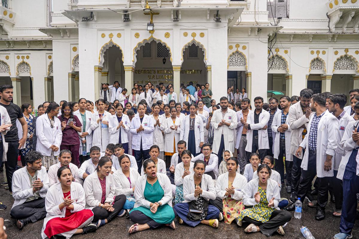Doctors stage a demonstration against the sexual assault and murder of a postgraduate trainee doctor in Kolkata at King Georgeâs Medical University (KGMU), in Lucknow on Tuesday, August 13, 2024 Doctors stage a demonstration against the sexual assault and murder of a postgraduate trainee doctor in Kolkata at King Georgeâs Medical University (KGMU), in Lucknow on Tuesday, August 13, 2024