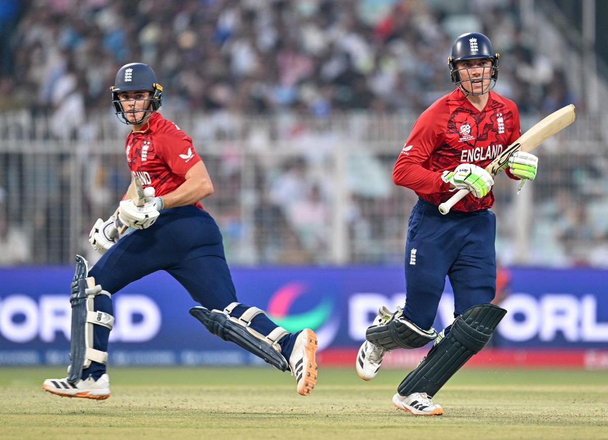 England's Tom Banton and Jacob Bethell take a run during the ICC Men's T20 World Cup 2026 cricket match against Scotland, at the Eden Gardens, in Kolkata, Saturday, Feb. 14, 2026.
