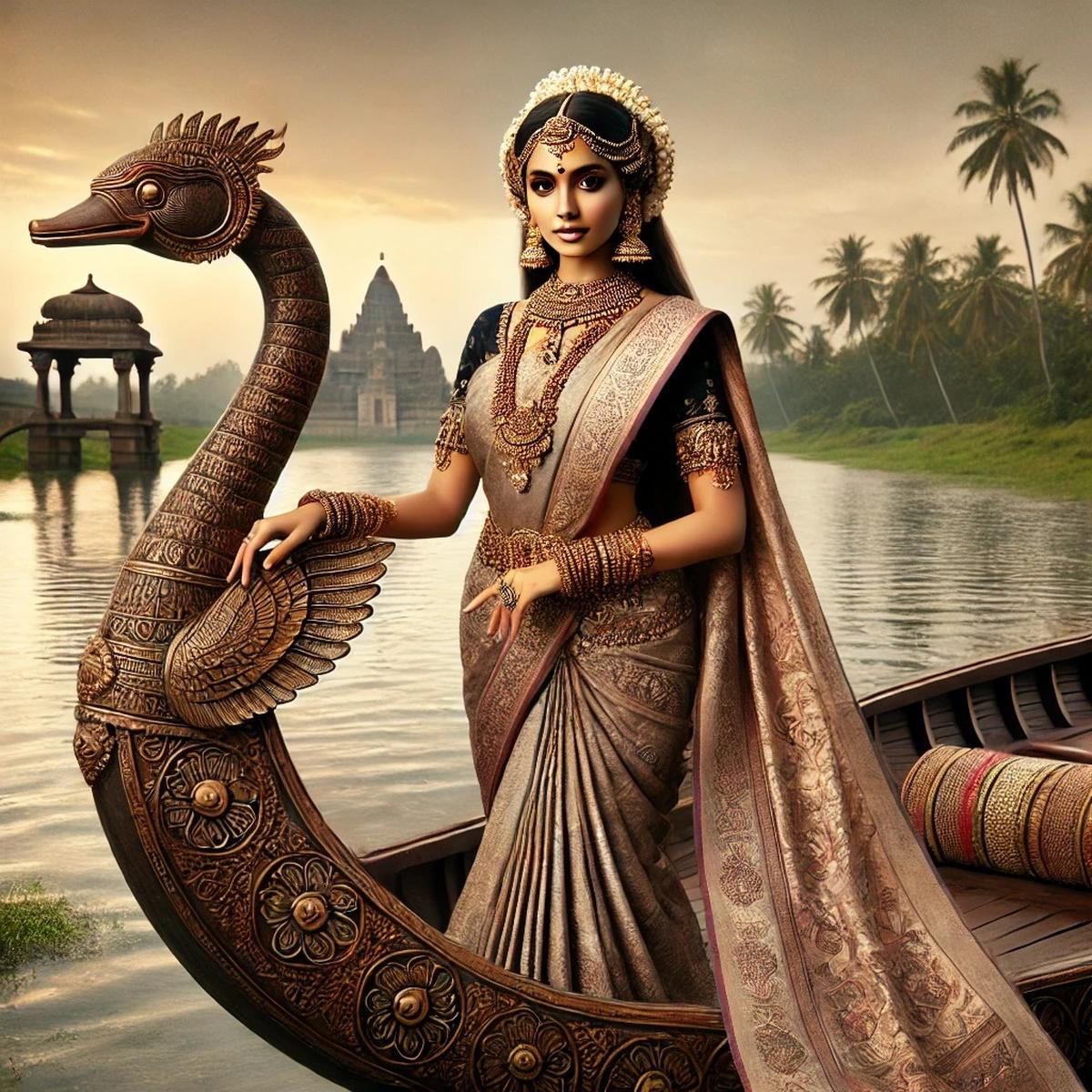 An image of a Chola princess standing on a boat with a swan figurehead, generated by OpenAI’s Dall-E