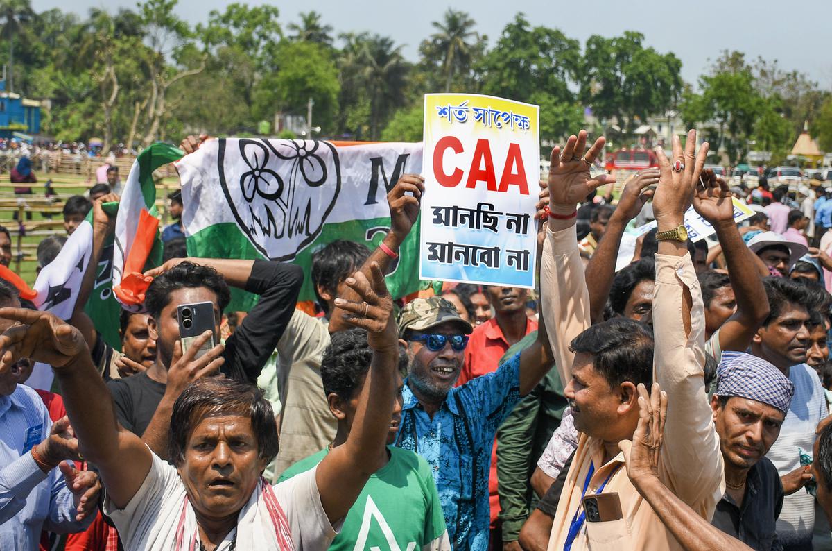 People demand cancellation of the CAA during Chief Minister Mamata Banerjee’s election rally in Nadia on March 31, 2024. 