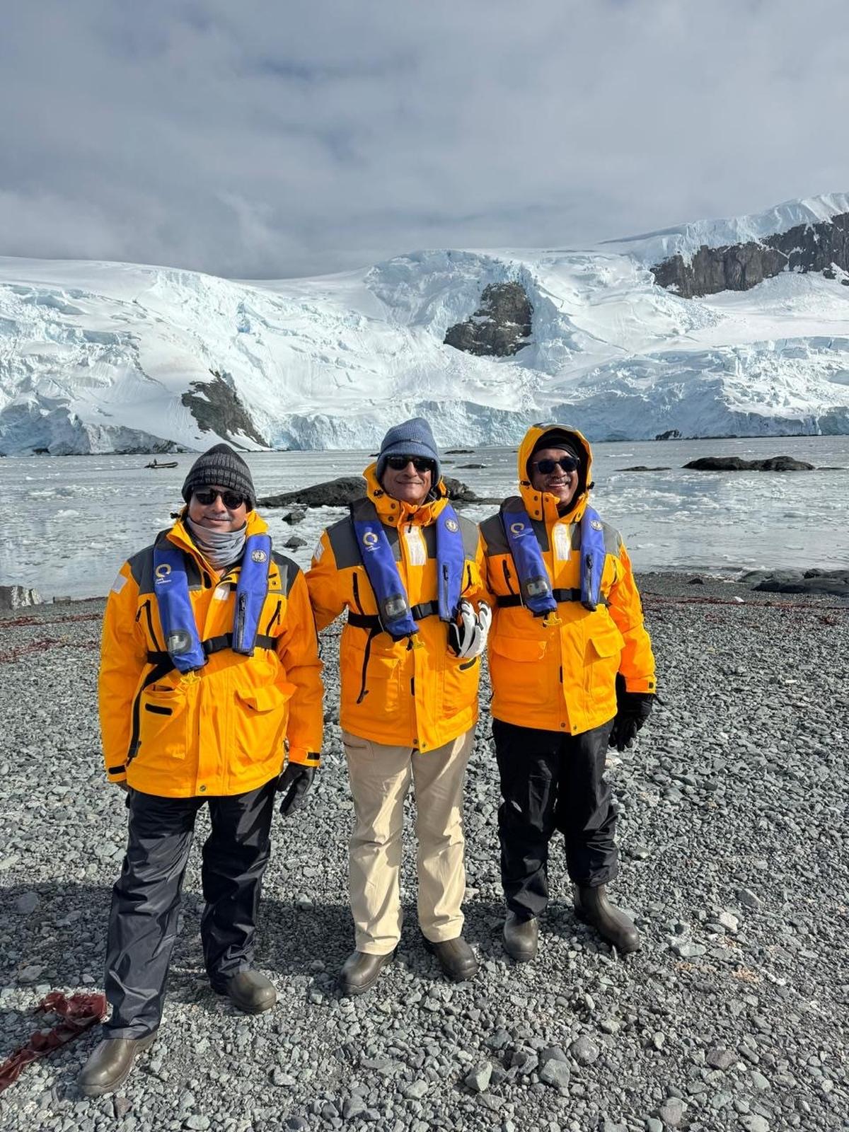 (Left to right) Venkata Subra Maniam Raju, Chandrasekaran and Krishnan Venkatesan  in Antarctica