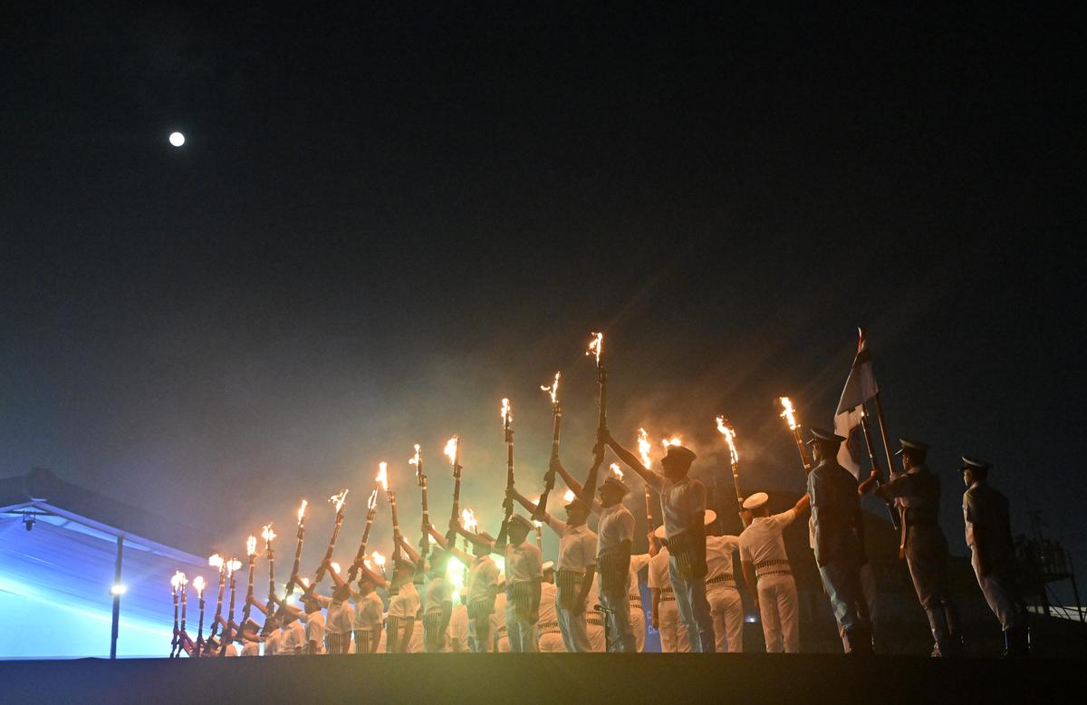 Indian Navy performing Continuity Drill during the Navy Day Operational Ddemonstration at Shangumughom in Thiruvananthapuram on Wednesday. 