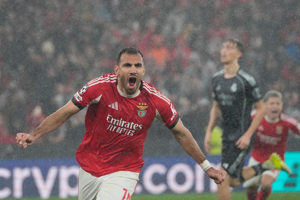 Benfica's Vangelis Pavlidis celebrates after scoring his side's second goal during a Champions League opening phase match between Benfica and Real Madrid