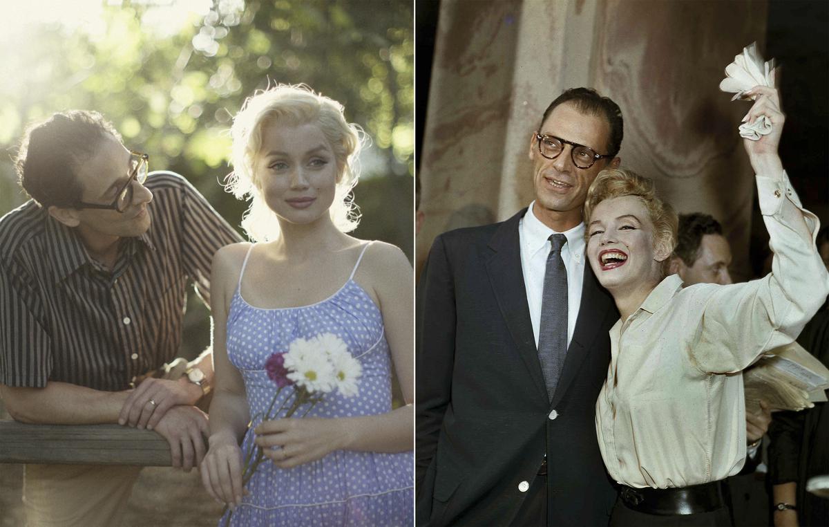 This combination of photos shows Adrien Brody with Ana de Armas, as Marilyn Monroe in a scene from “Blonde,” left, and Arthur Miller and Marilyn Monroe  after their civil wedding ceremony in White Plains, N.Y., on June 29, 1956