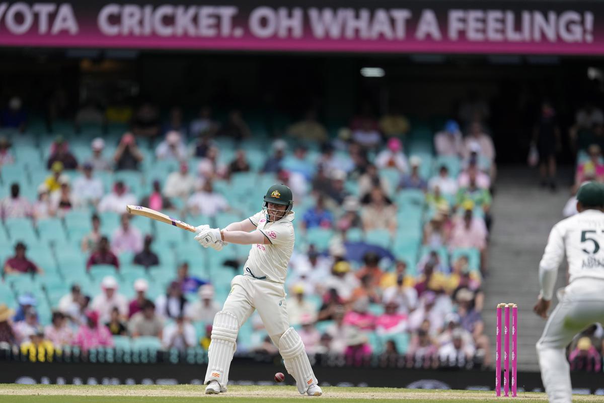 David Warner bats against Pakistan on the fourth day of their cricket test match in Sydney.