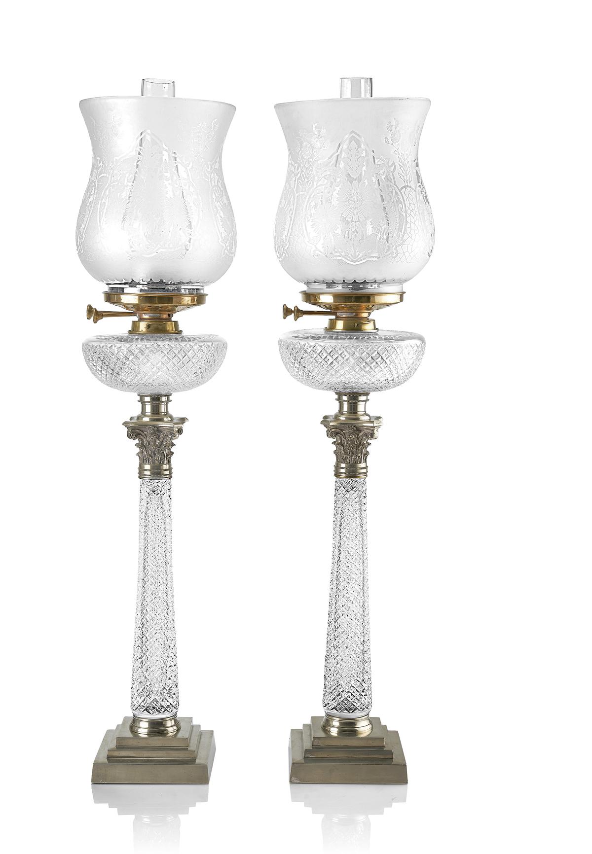 A pair of kerosene lamps by F&C Osler.
Size: 35 x 9.5 x 9.5 inches each;
Medium: Crystal;
Circa: 1880;
Estimate: ₹6,00,000-₹8,00,000. A pair of kerosene lamps by F&C Osler.
Size: 35 x 9.5 x 9.5 inches each;
Medium: Crystal;
Circa: 1880;
Estimate: ₹6,00,000-₹8,00,000.