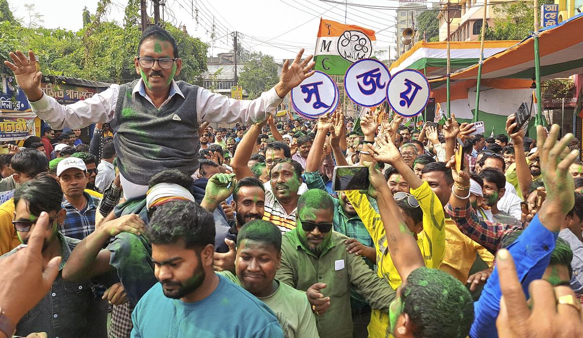 Trinamool Congress supporters celebrate party candidate Sujoy Hazra’s victory in Medinipur Sadar by-elections, in West Medinipur.