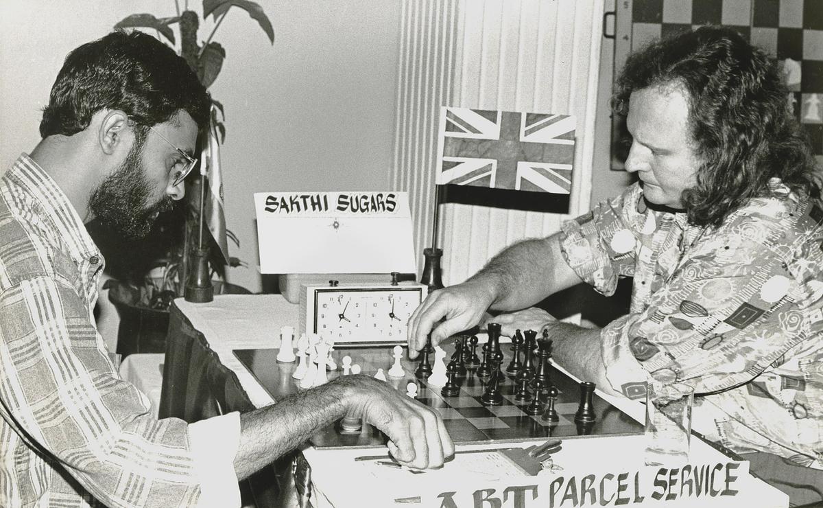 GM Anthony Miles of England (right) makes a move in his match against  Varugeese Koshy in the Sakthi Finance Grandmaster chess tournament in Madras on April 20, 1996.