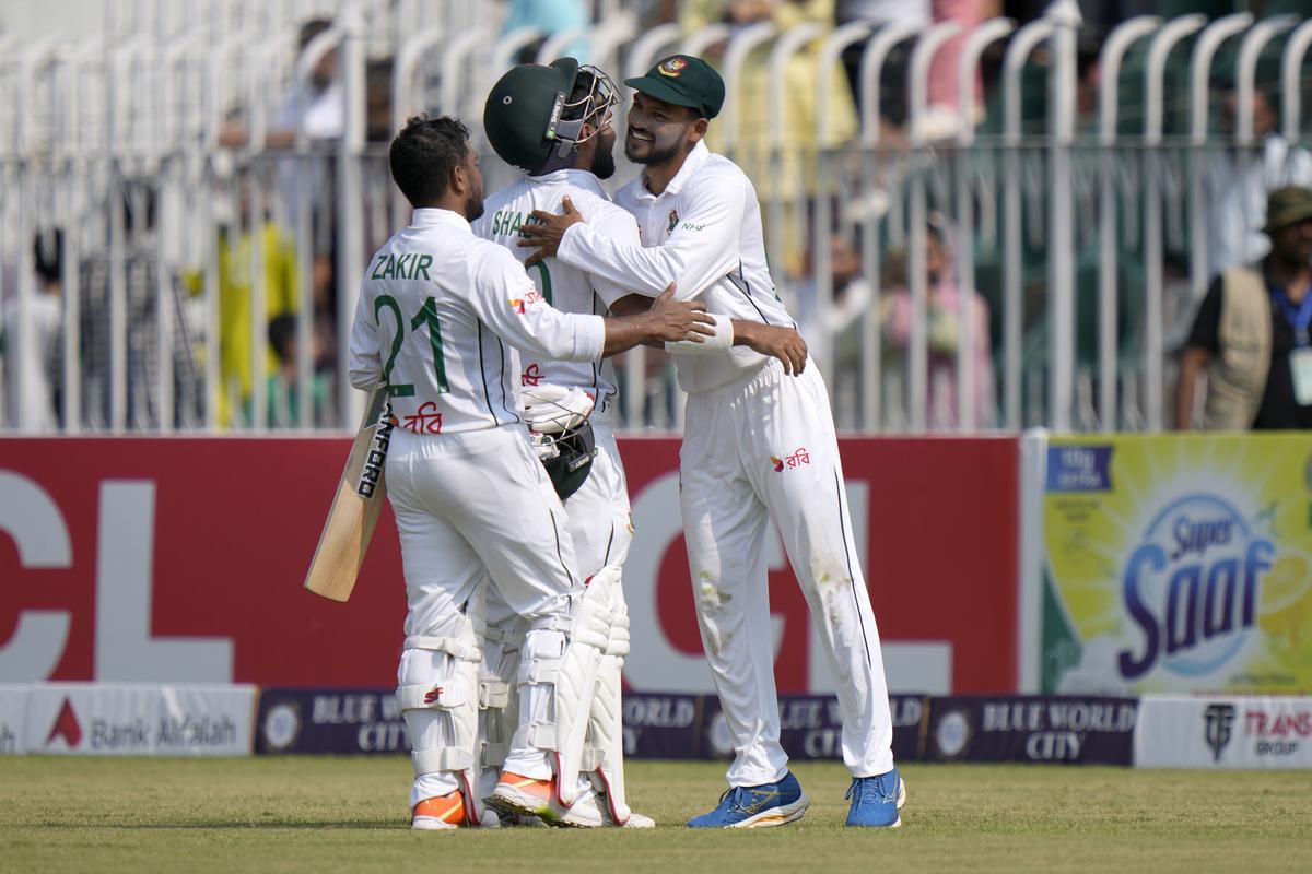 Bangladesh openers celebrate after winning the first Test against Pakistan in Rawalpiindi on August 25, 2024.