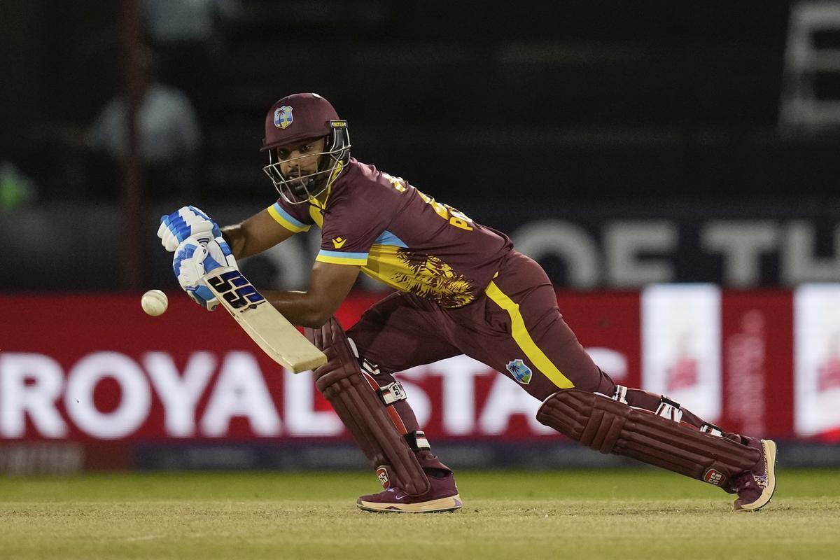 West Indies’ Nicholas Pooran bats against Uganda during an ICC Men’s T20 World Cup cricket match at Guyana National Stadium in Providence, Guyana, Saturday, June 8, 2024. 