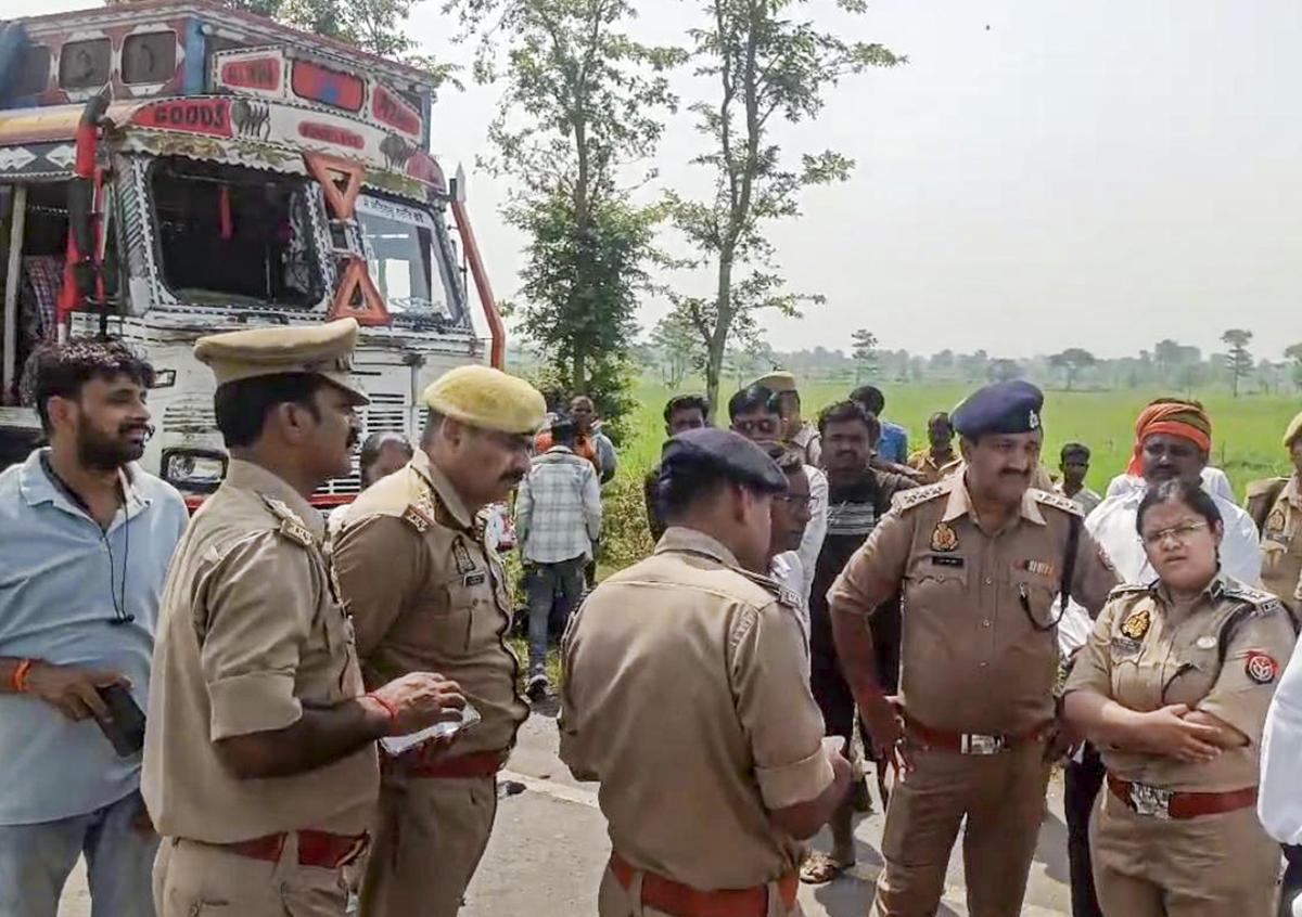 Police personnel at the site after a collision between a van and a truck on the Sisaiya-Lakhimpur national highway, in Lakhimpur, Uttar Pradesh, Monday, May 18, 2026. Police personnel at the site after a collision between a van and a truck on the Sisaiya-Lakhimpur national highway, in Lakhimpur, Uttar Pradesh, Monday, May 18, 2026.