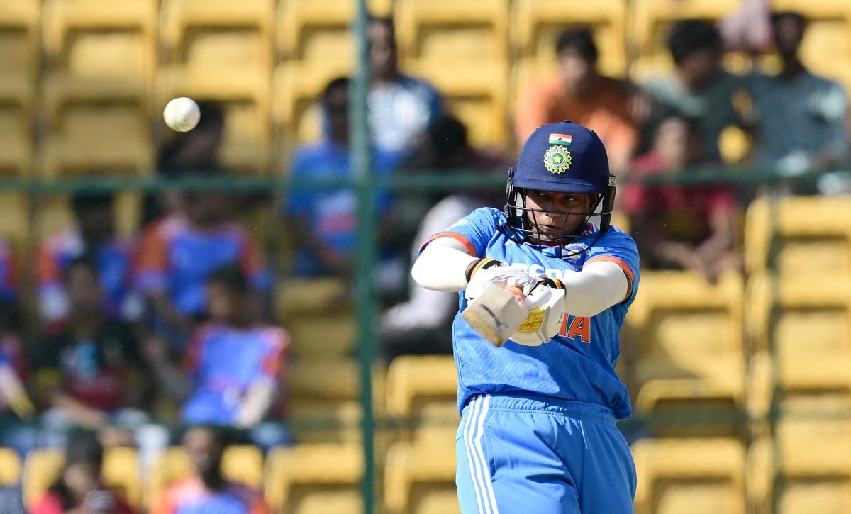 India’s Deepti Sharma plays a shot during the first ODI against South Africa at M Chinnaswamy stadium, in Bengaluru, on June 16, 2024.  