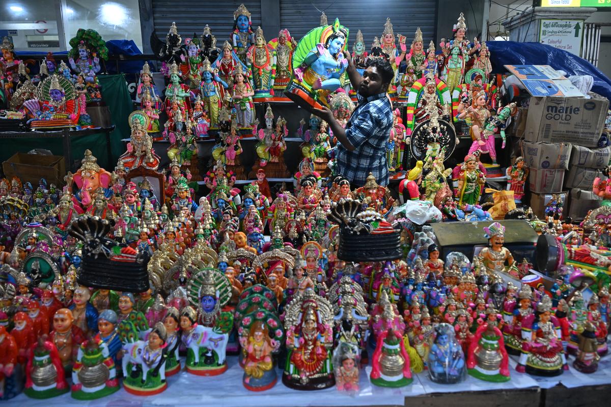 A vendor selling golu dolls in Mylapore