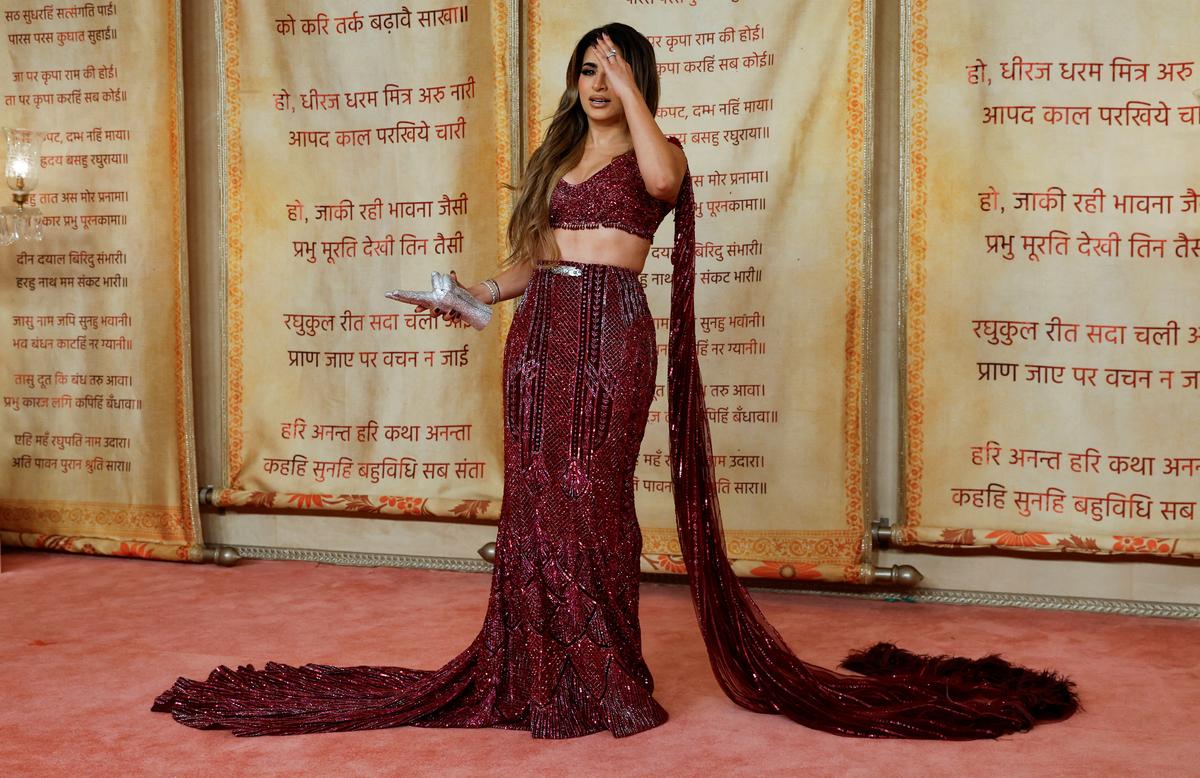 Safa Siddiqui poses for pictures on the red carpet as she attends the wedding reception of Anant Ambani and Radhika Ambani after their marriage in Mumbai, India, July 14, 2024