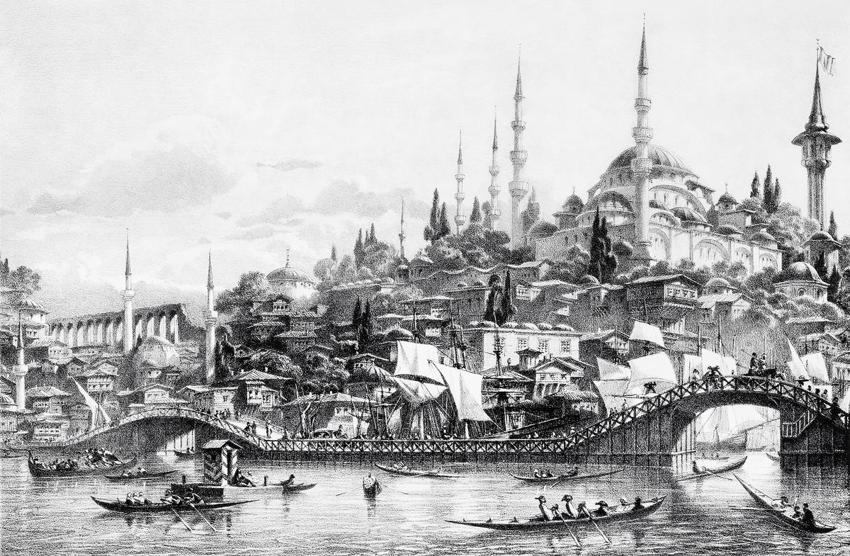 An engraving of Istanbul, Galata Bridge. Illustration from ‘Book of L’Orient’, dated 1839.