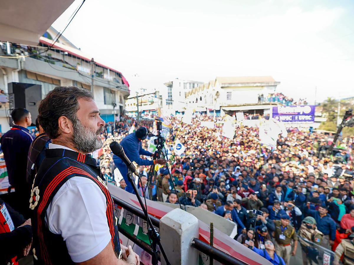Congress leader Rahul Gandhi addresses supporters during the Bharat Jodo Nyay Yatra, in Mokokchung district, Nagaland.