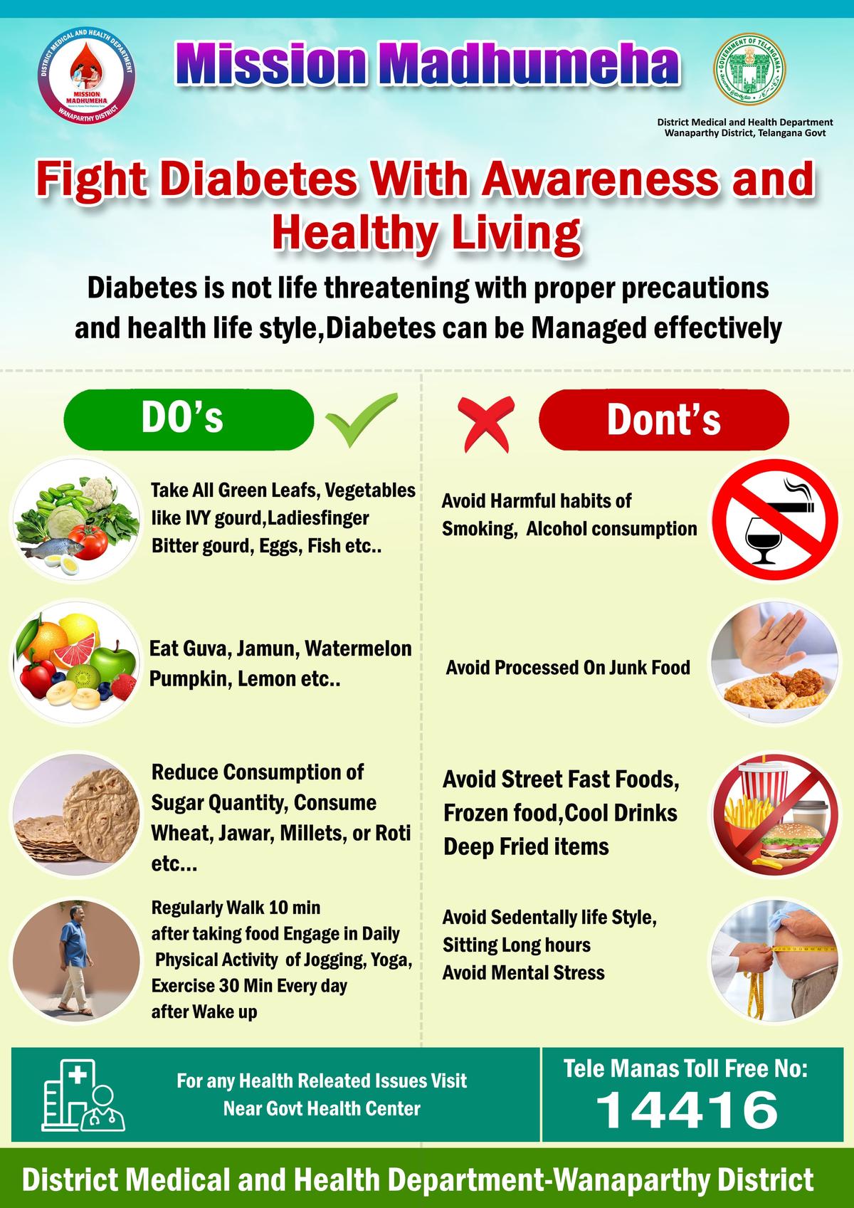 Diabetes dos and don’ts listed in the Mission Madhumeha pamphlet. Diabetes dos and don’ts listed in the Mission Madhumeha pamphlet.
