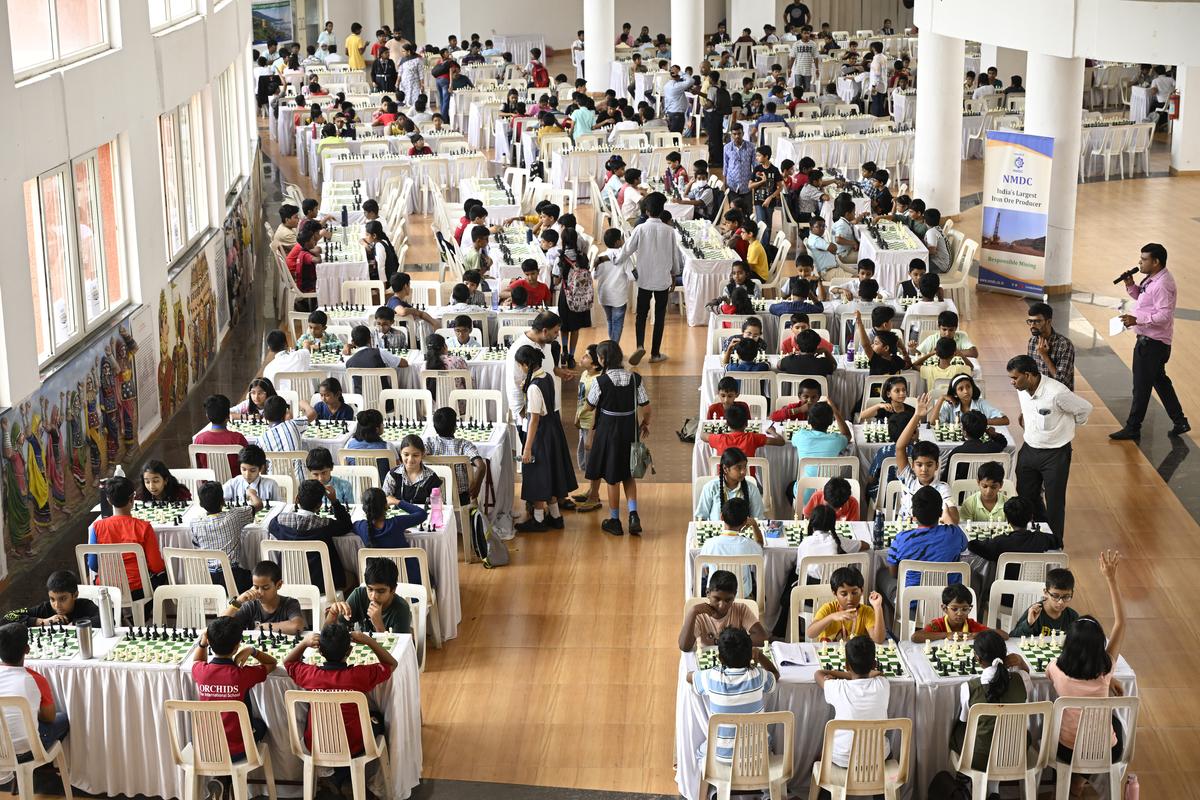 Participants at The Hindu in School Chess Tournament, presented by National Mineral Development Corporation, at the State Art Gallery in Hyderabad’s Madhapur on Sunday.