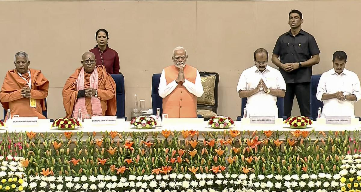 Prime Minister Narendra Modi attends the centenary celebration meeting of the historic conversation between Sree Narayana Gurudev and Mahatma Gandhi, at Vigyan Bhawan, in New Delhi on June 24, 2025. Photo: X/@NarendraModi/YouTube via PTI Prime Minister Narendra Modi attends the centenary celebration meeting of the historic conversation between Sree Narayana Gurudev and Mahatma Gandhi, at Vigyan Bhawan, in New Delhi on June 24, 2025. Photo: X/@NarendraModi/YouTube via PTI